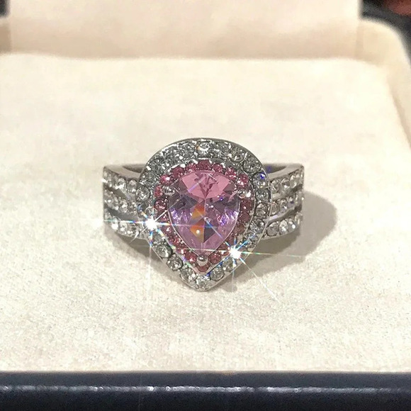 Three Stone Pink Radiant Cut Lab Diamond Ring – Ouros Jewels 🔥Water Drop Three Layers Pink Stone Ring For Girls/Women, F070